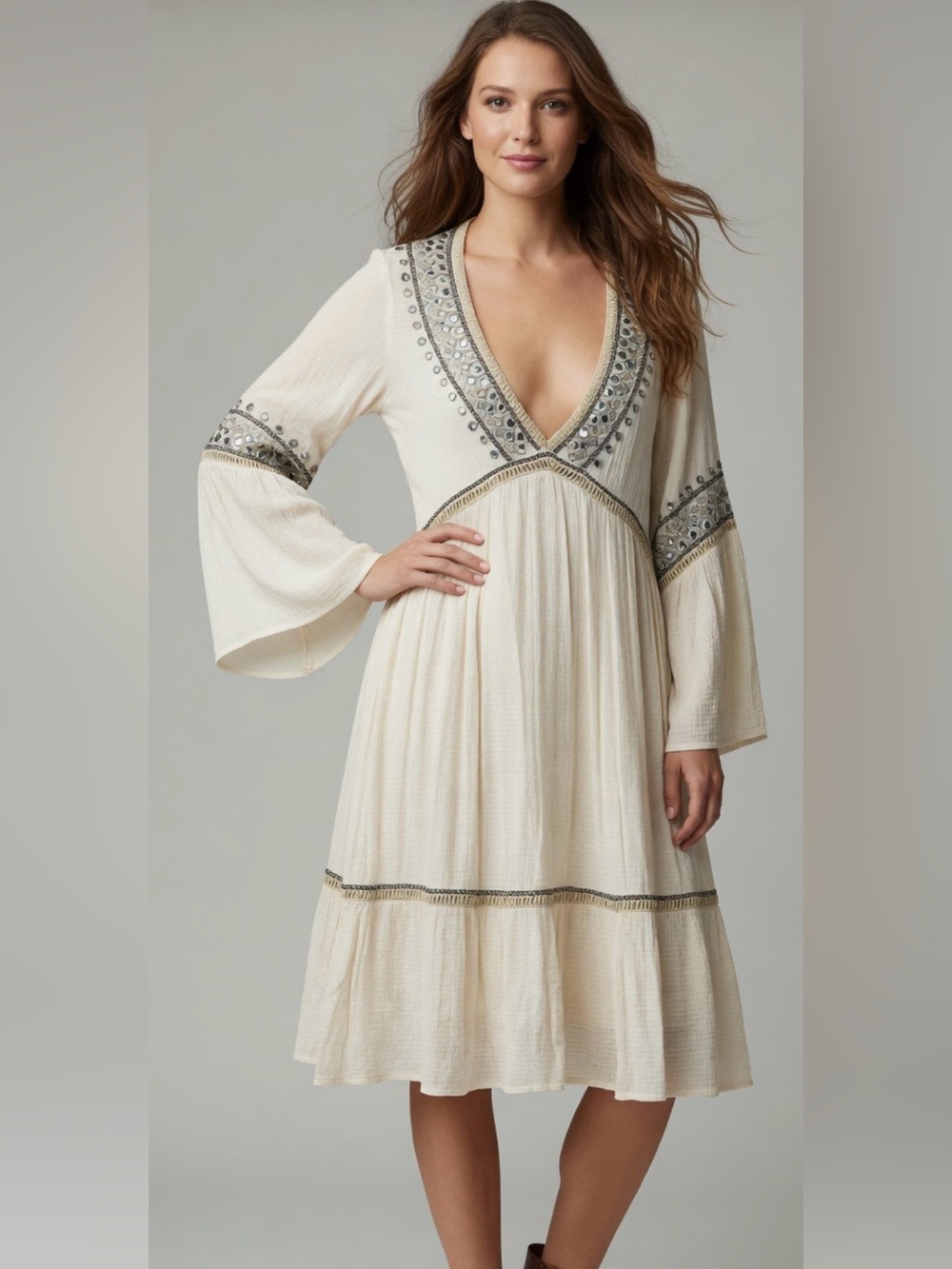 Double D Ranch Cream Embroidered Boho festival wedding dress M  RTL $395 NWOT